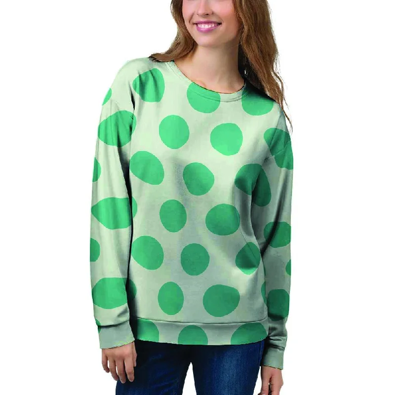 White And Green Polka Dot Women's Sweatshirt Hoodie with Ribbed Neckline Snug Warm