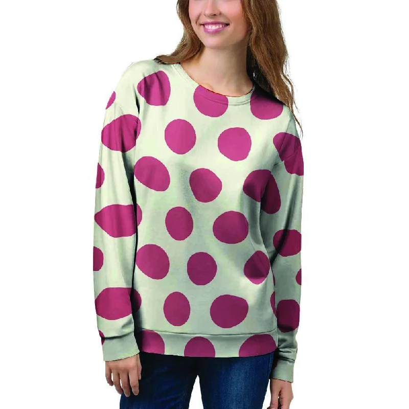 White And Red Polka Dot Women's Sweatshirt Hoodie with Rolled Sleeves Casual Relaxed