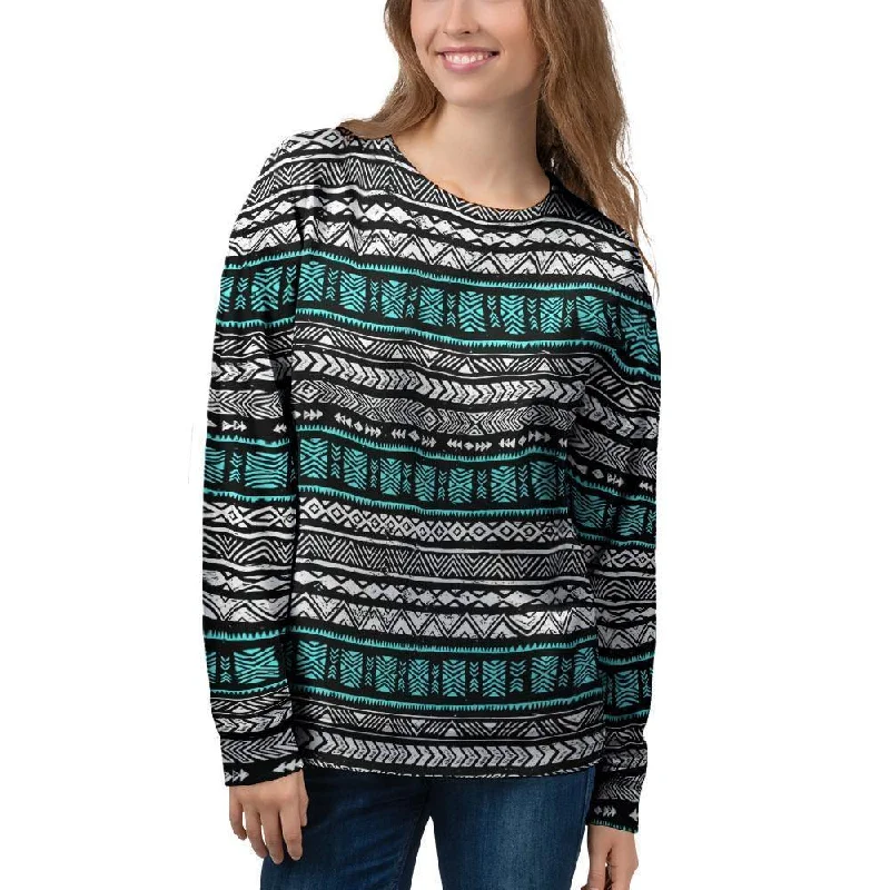 White and Turquoise Tribal Navajo Hand Drawn Women's Sweatshirt Hoodie with Relaxed Fit Easy Casual