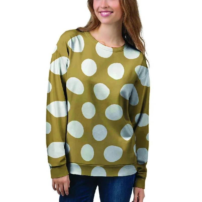 White And Yellow Polka Dot Women's Sweatshirt Hoodie with Frayed Bohemian Relaxed