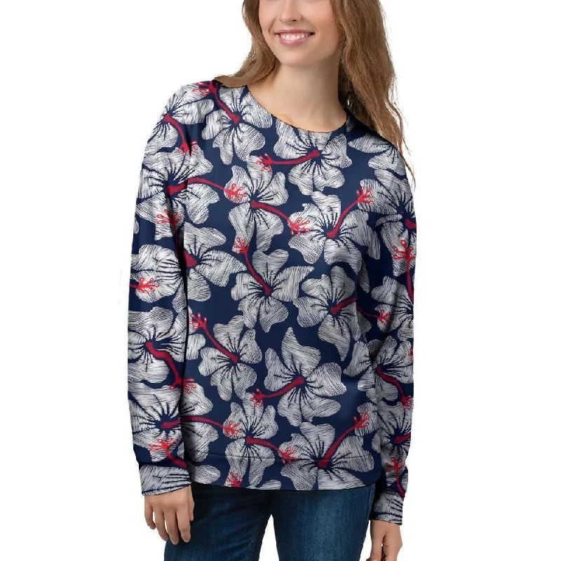 White Hibiscus Tropical Floral Hawaiian Print Women's Sweatshirt Hoodie with Reflective Safety Nightwear