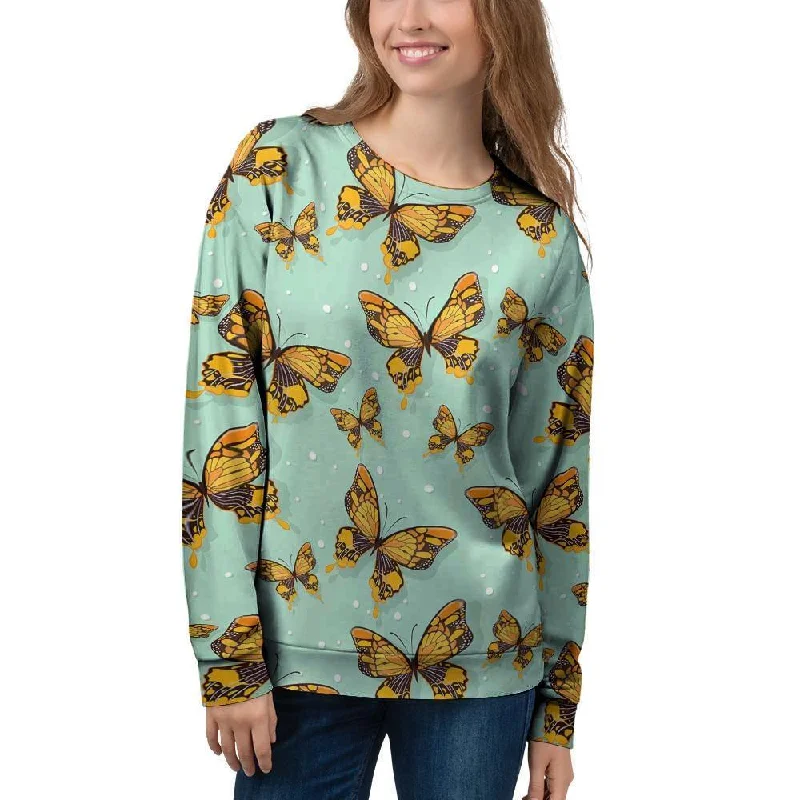 Yellow Butterfly Print Women's Sweatshirt Cotton Hoodie Fleece Lining Warmth