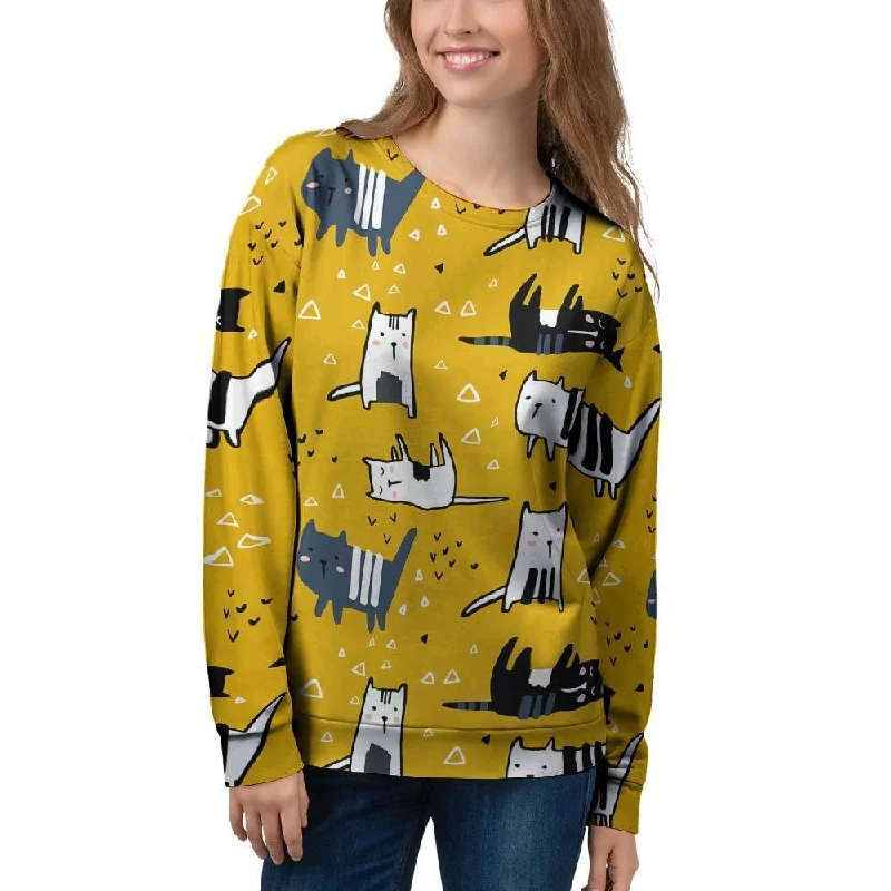 Yellow Doodle Cat Print Women's Sweatshirt Hoodie with Hem Patch Decorative Personalized