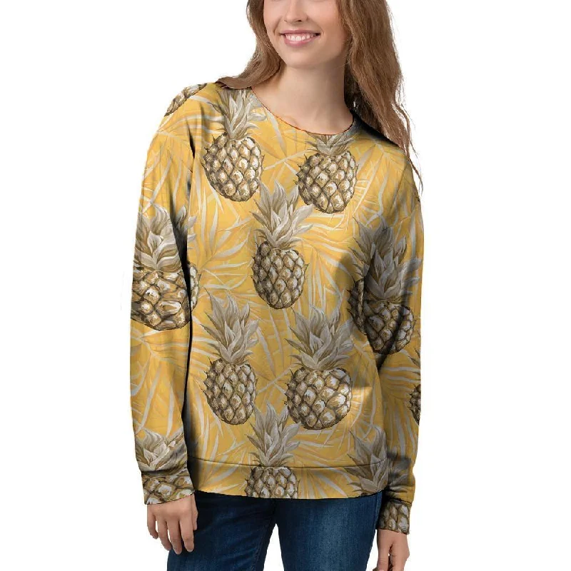 Yellow Hawaiian Pineapple Print Women's Sweatshirt Hoodie with Hem Elastic Stretchable Comfortable