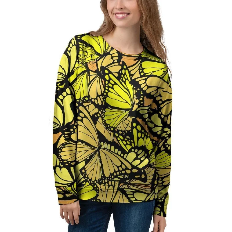 Yellow Monarch Butterfly Women's Sweatshirt Hoodie with Slit Hem Functional Movement