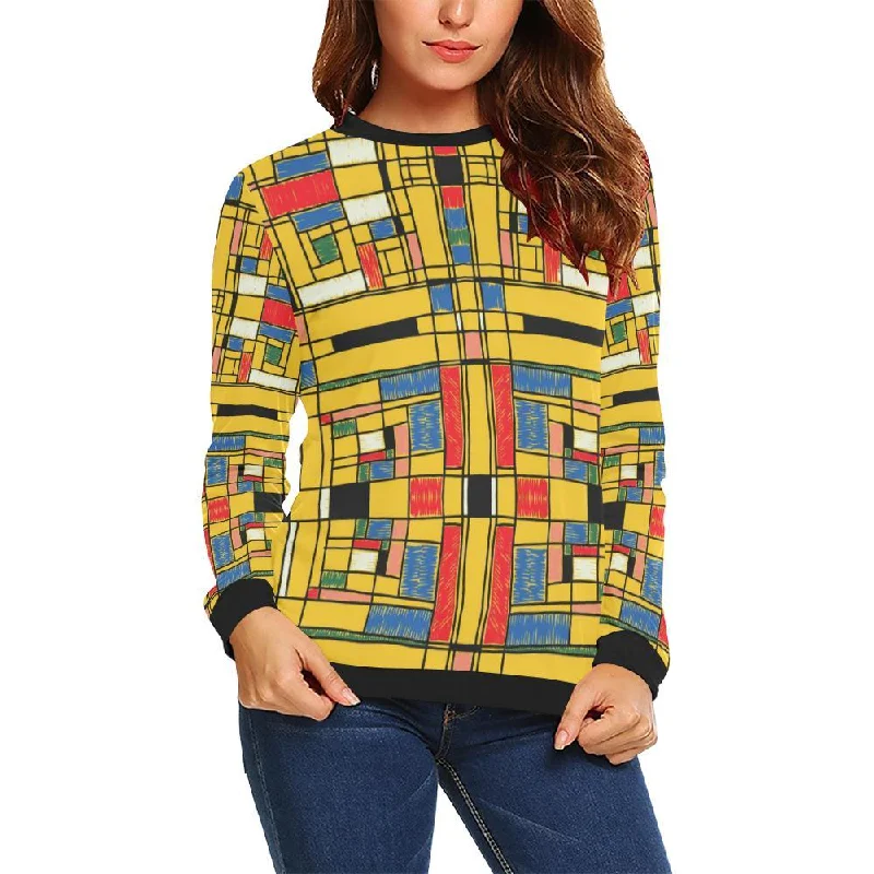 Yellow Mondrian Pattern Print Women Crewneck Sweatshirt Graphic Hoodie Design Print