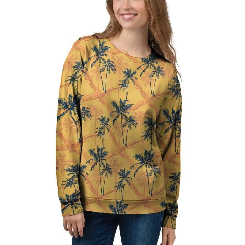 Yellow Palm Tree Hawaiian Print Women's Sweatshirt Hoodie with Elastic Waist Stretchable Comfortable