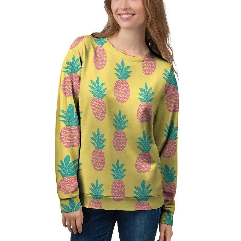 Yellow Pineapple Print Women's Sweatshirt Hoodie with Toggle Buttons Decorative Unique