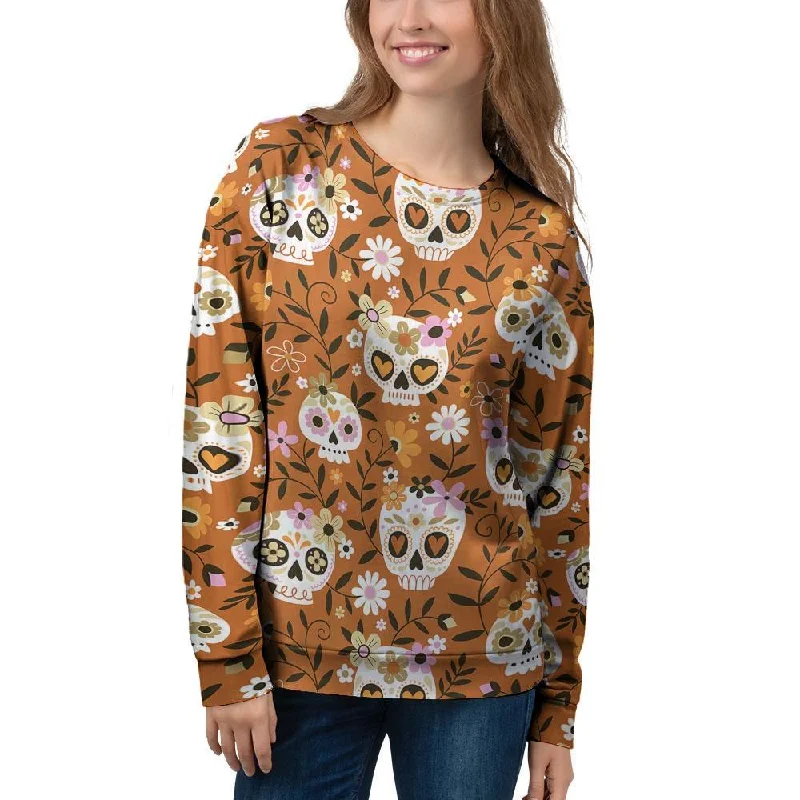 Yellow Sugar Skull Women's Sweatshirt Hoodie with Mock Neck Collared Structured