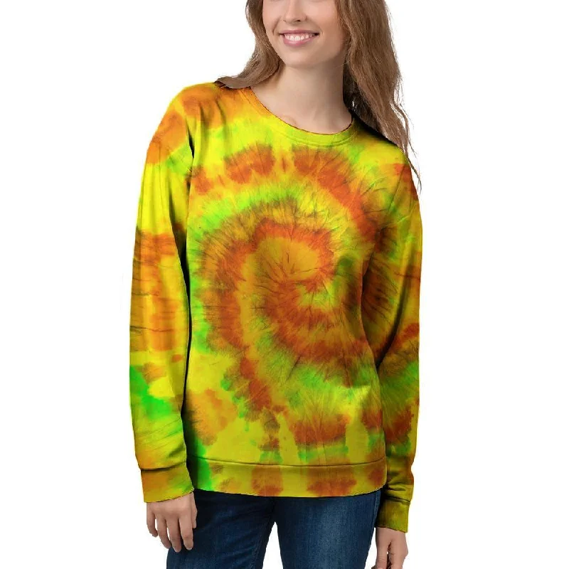 Yellow Tie Dye Women's Sweatshirt Hoodie with Puffed Sleeves Voluminous Trendy