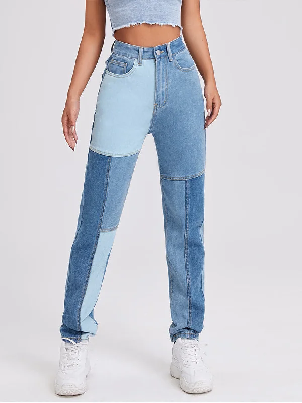 DressBetty - Patchwork Straight Jeans Fashionable Raw Hemmed Jeans