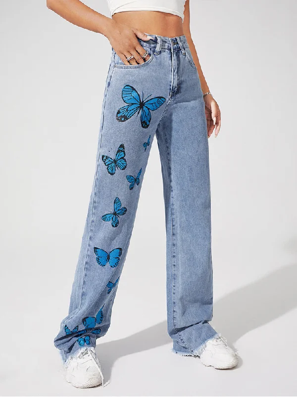 DressBetty - Blue Butterfly Straight Jeans Fashionable Distressed Jeans