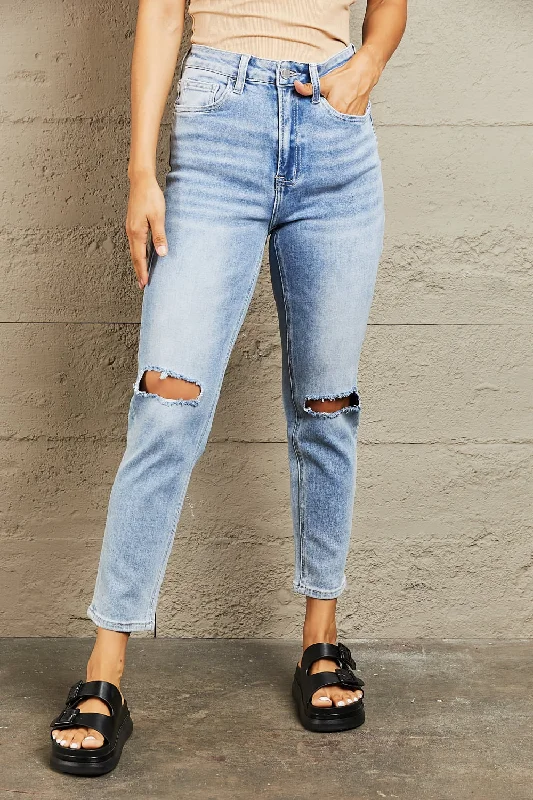 BAYEAS High Waisted Distressed Slim Cropped Jeans Trendy Button-Up High-Waist Jeans