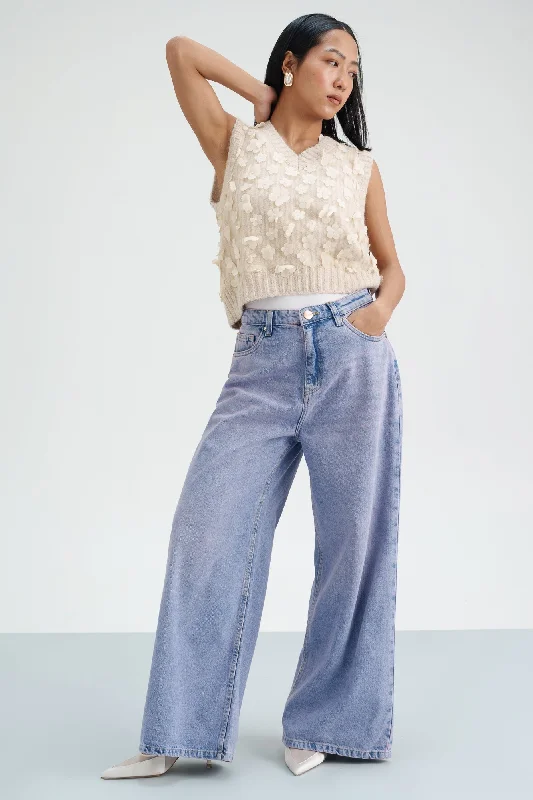 Blue Blush Cropped Wide Leg Jeans Casual Light Wash Jeans