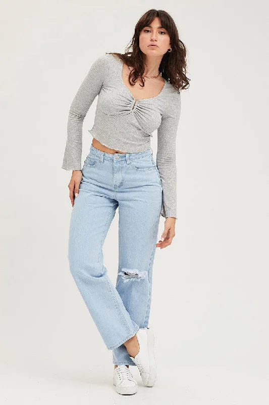 Blue Wide Leg Denim Jeans High Rise Fashionable Mom Jeans