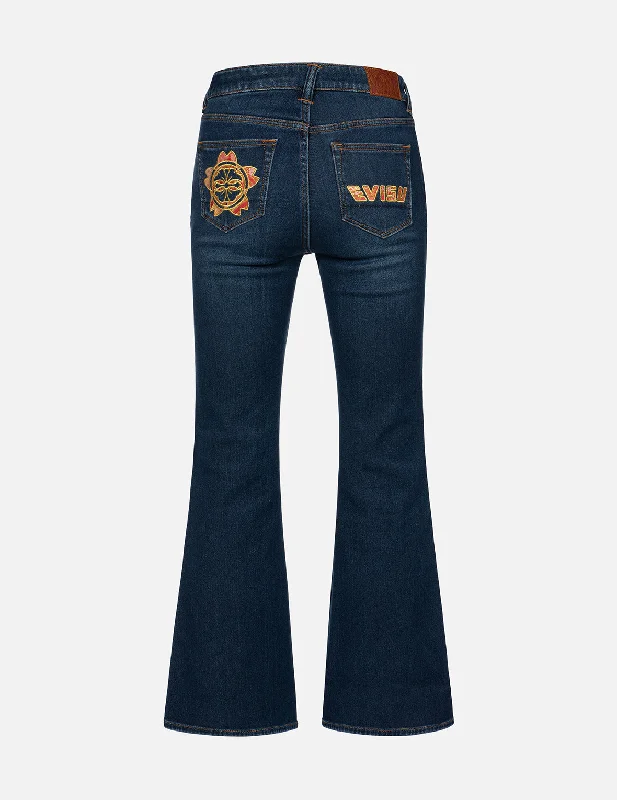 Brocade Kamon and Logo Boot Cut Jeans Elegant Tapered Leg Denim