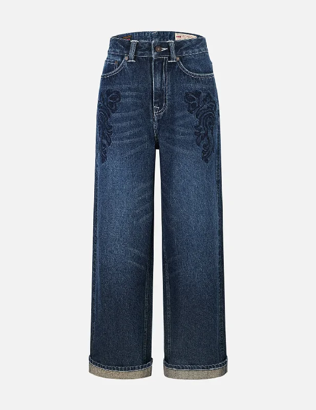 Butterfly and Seagull Embroidery Wide-leg Jeans Comfortable Dark Wash Jeans