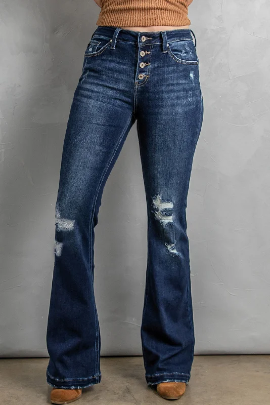 Button Fly Distressed Bootcut Jeans Trendy Skinny High-Waist Jeans