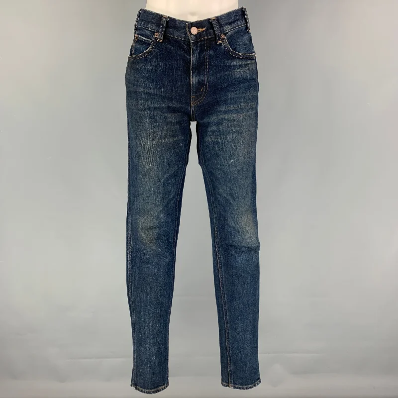 CELINE Size 26 Dark Blue Cotton Slim Patch Jeans Stylish High-Waist Jeans