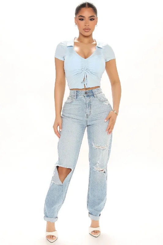 Classic Tapered Ripped Mom Jeans - Light Blue Wash Stylish Paperbag Waist Denim