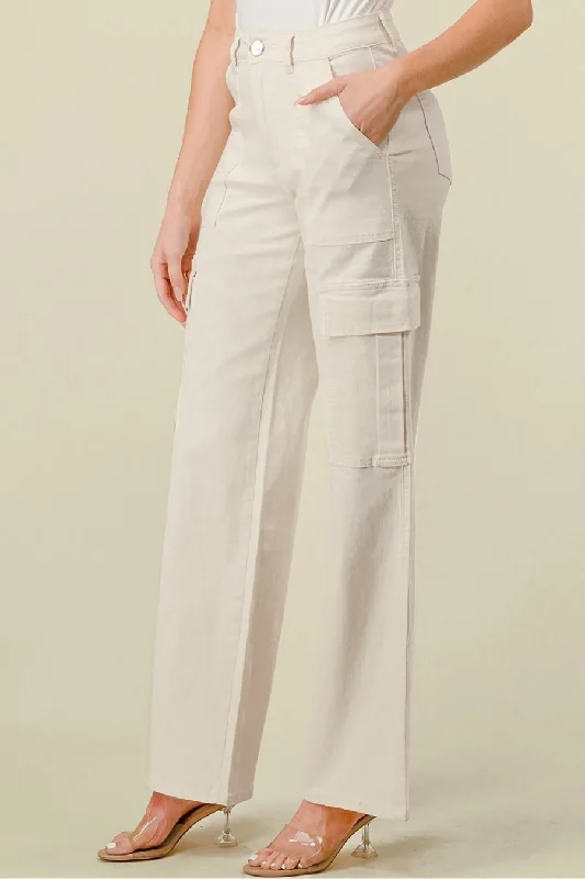 ELENA HIGH WAISTED CARGO JEANS - IVORY Elegant Tapered Leg Denim