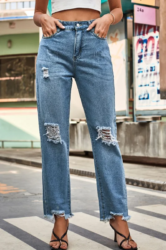 Distressed Buttoned Loose Fit Jeans Comfortable Full-Length Denim Jeans