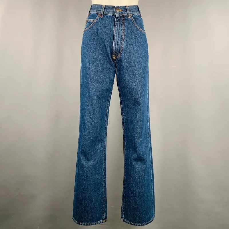 G Size 27 Blue Cotton High Waisted Wide Leg Jeans Stylish Tapered Fit Jeans