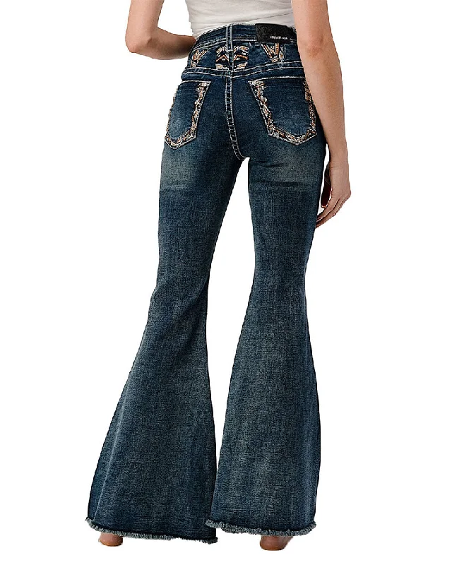 Women's Embroidered Yoke Flare Jeans Fashionable Raw Hemmed Jeans