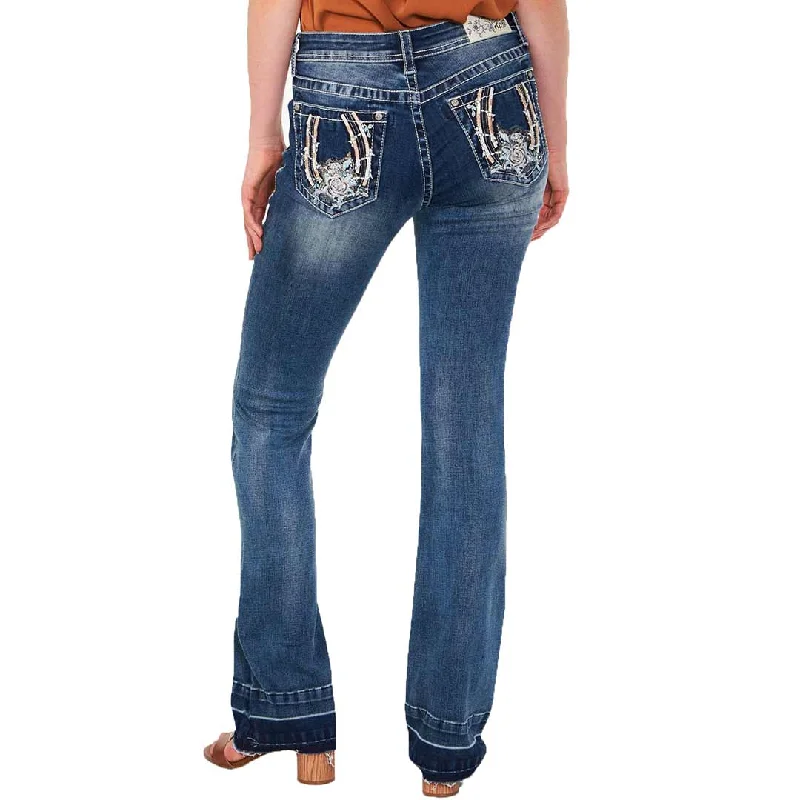 Grace in La Women's Horseshoe Floral Bootcut Jeans Stylish Cargo Style Jeans