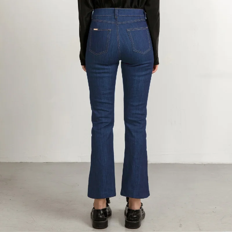 Cropped Mid Blue Flared Jeans With Sand Stitch Comfortable Boyfriend Jeans