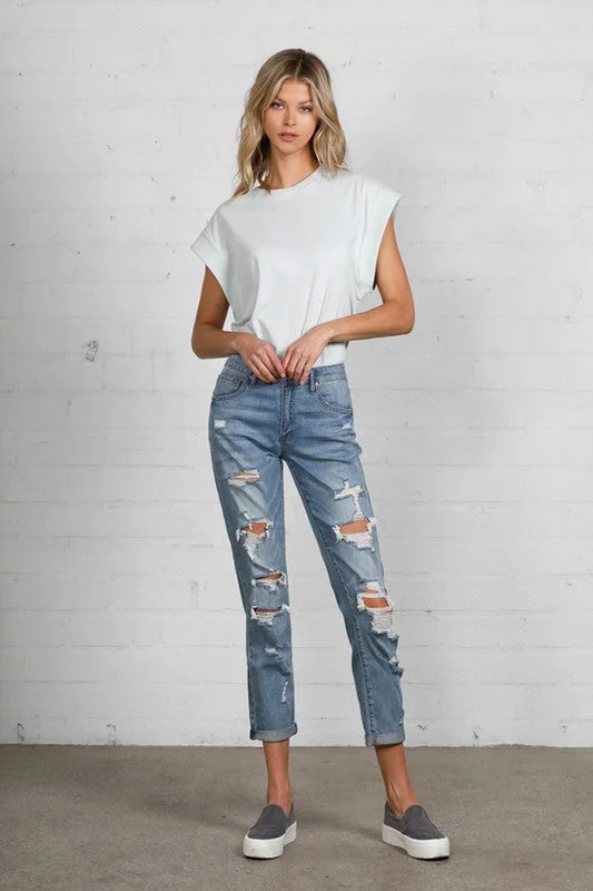 Mid Rise Heavy Destroyed Jeans Casual Wide-Legged Denim Jeans