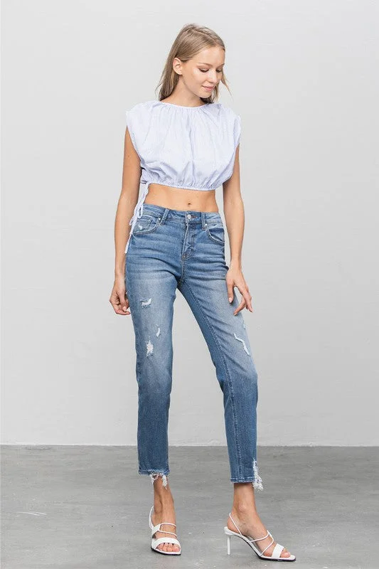 Mid Rise Slim Girlfriend Jeans Trendy Pleated Waist Jeans