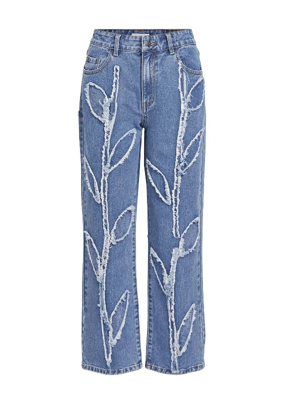 Object Fray Leaf Design Straight Leg Jeans, Medium Blue Denim Trendy Colored Denim Jeans