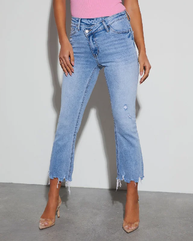 Olivia High Rise Cross Over Crop Flare Jeans Fashionable Button-Front Jeans