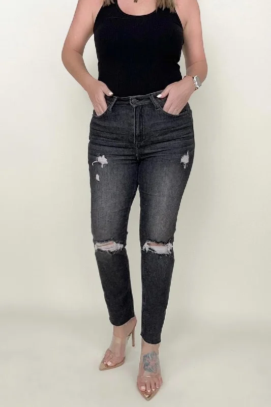 Risen High Rise Slim Straight Cropped Raw Hem Jeans Trendy Wide-Leg High-Waist Denim