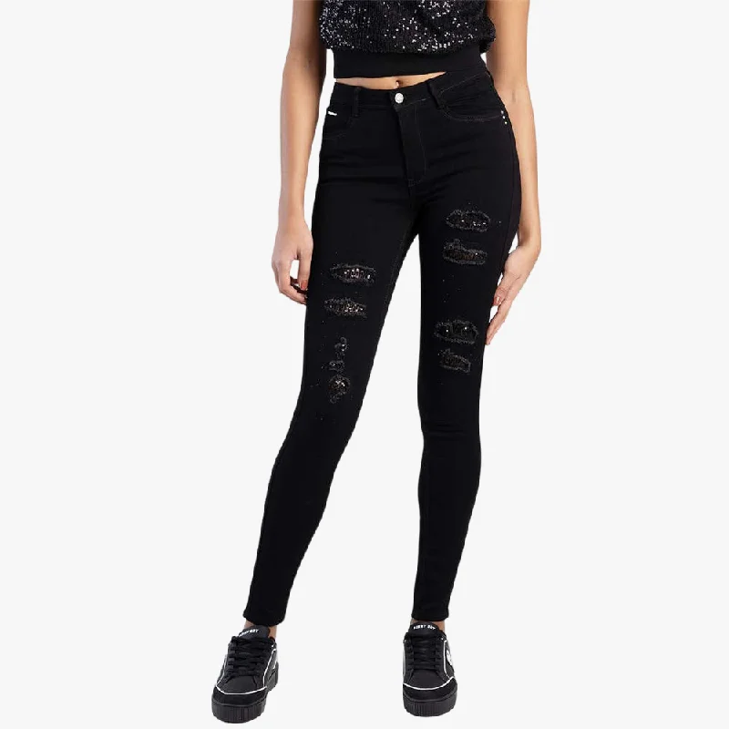 Sissy Boy Axel Rip Repair With Sequin Jeans Black Trendy Low-Rise Slim Jeans