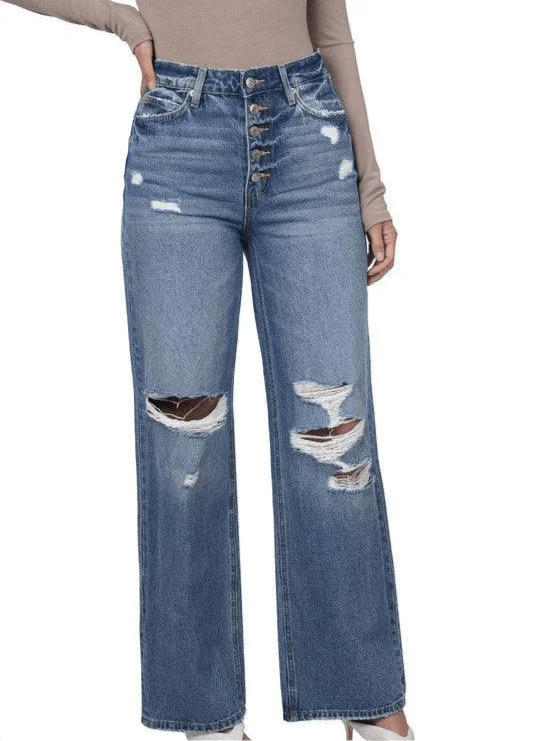 Super High Rise Wide Leg Button Fly Distressed Jeans Classic Button Fly Jeans