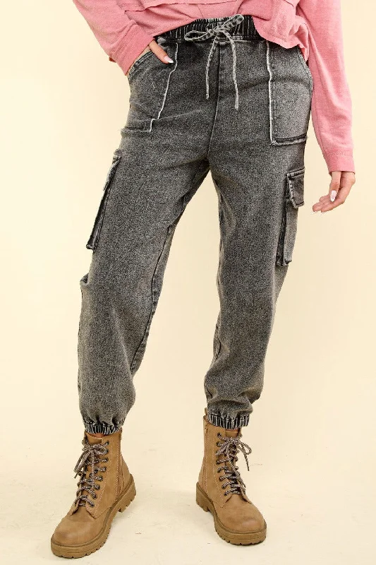 VERY J Washed Drawstring Jogger Cargo Jeans Fashionable Relaxed Fit Denim