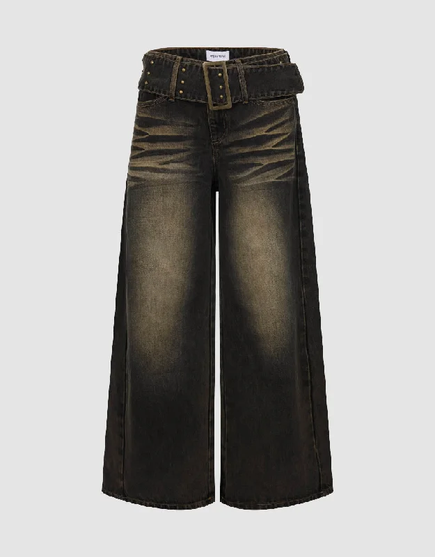 Wide-Leg Jeans With Belt Comfortable Full-Length Denim Jeans