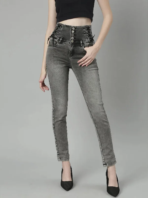 Women Grey Denim Jeans-LT-123-Grey Casual High-Waisted Bootcut Jeans