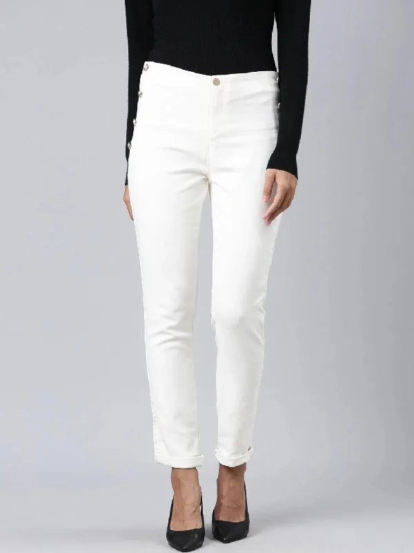 Women Off White Solid Slim Fit Denim Jeans-LT-10381-Offwhite Chic Cropped Jeans