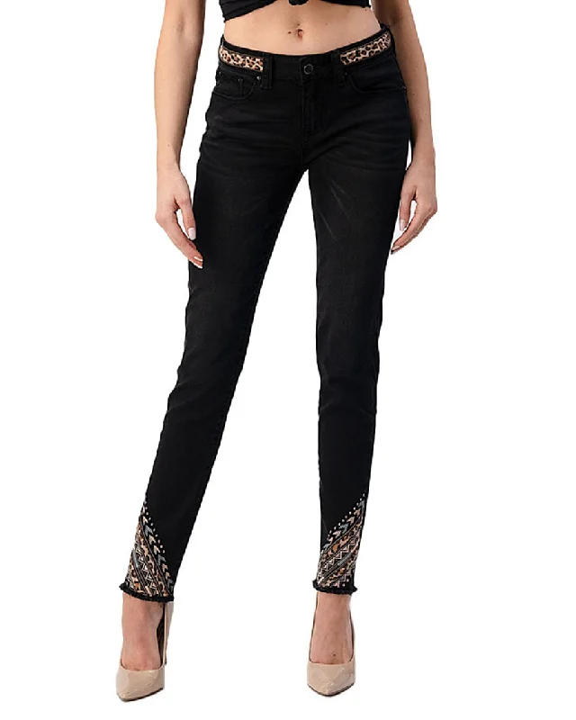 Women's Embroidered Ankle Black Skinny Jeans Stylish Shredded Denim Jeans