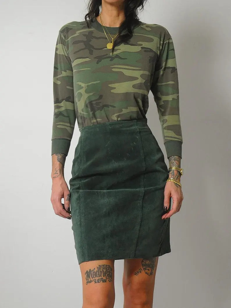 1980's Forest Green Suede Skirt leather skirt sleek