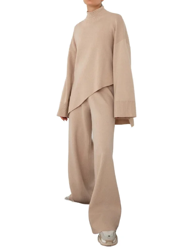 Asymmetrical Hem Knit Top and Pants Set Stylish Casual Pants