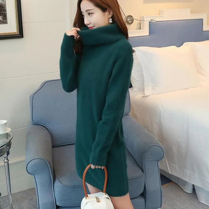 Autumn and Winter High-neck Thick Sweater Women's Imitation Mink Velvet Loose Knit Skirt Mid-length Bottoming Shirt cashmere skirt rich