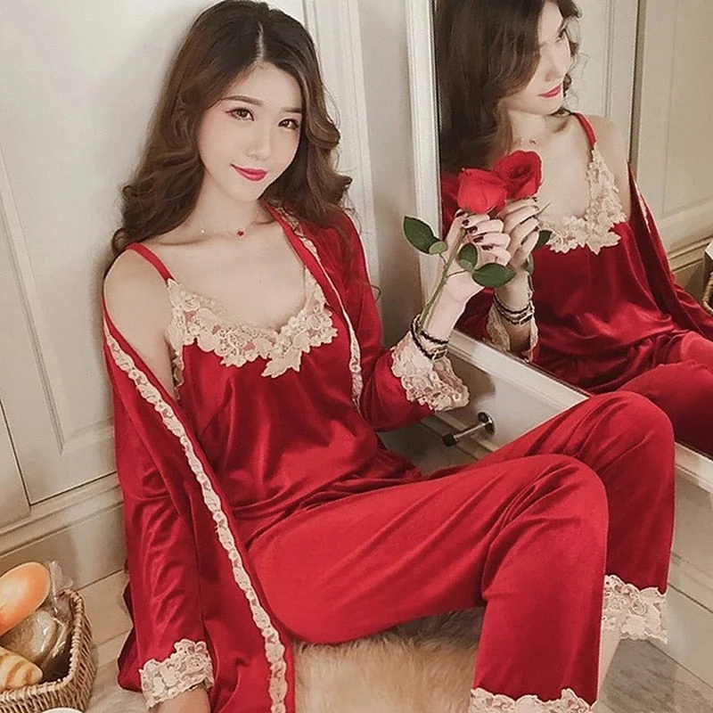 Autumn Winter Warm Pajamas Set Women Sling Deep Gold Velvet Sexy Homewear 3PCS Women Pajama Sets Long Pant Set Robe Women Relaxed Fit Trousers