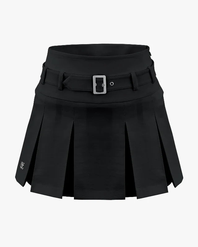 Belt pleated skirt - Black elastic waist skirt