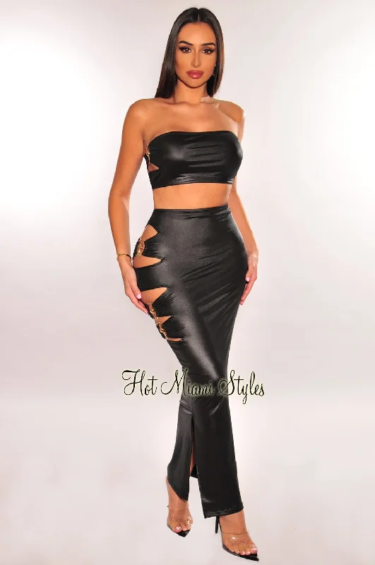 Black Faux Leather Bandeau Gold Ring Cut Out Slit Skirt Two Piece Set asymmetrical skirt cut