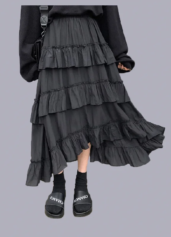 black long ruffle skirt silk skirt luxurious