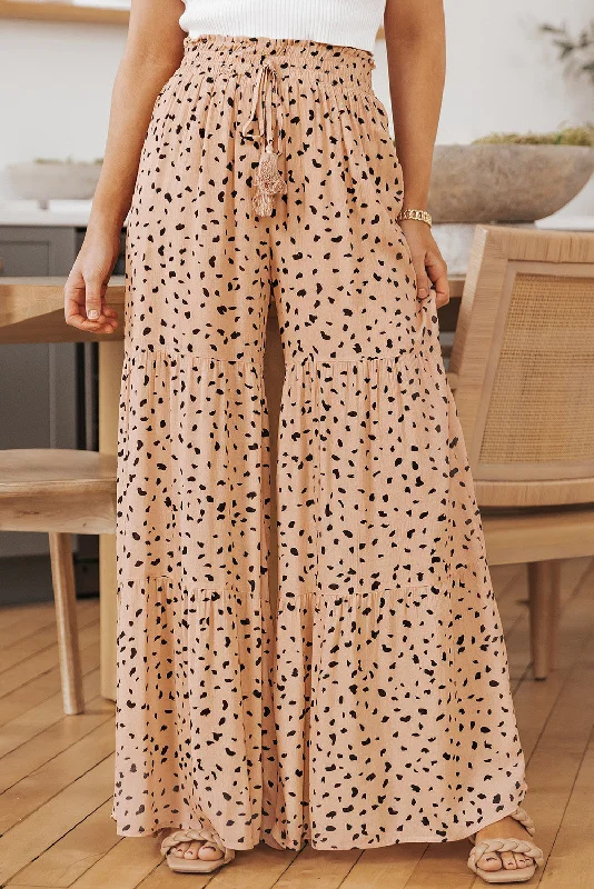 Brown Ruffle Wide Leg Dalmatian Palazzo Pants Classic Chino Pants